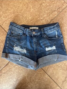 KanCan Dark Blue Distressed Rolled-Hem Denim Shorts
